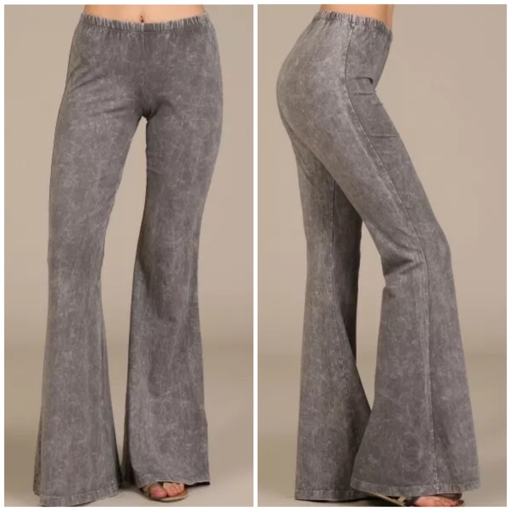Taupe Gray Boho Mineral Wash Flared Stretch Pants - Picture 1 of 6